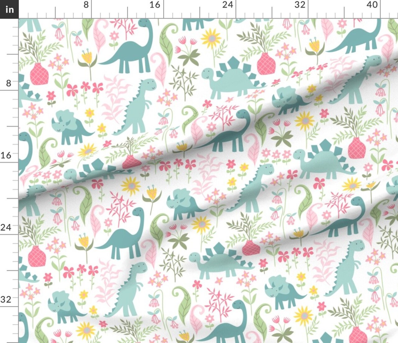 Cute Dinosaurs Pink Teal Aqua Whimsical Floral Sweet Girly Stegosaurus T-Rex Triceratops Custom Printed Fabric by Spoonflower Various Fabrics by the Yard or Fat Quarter